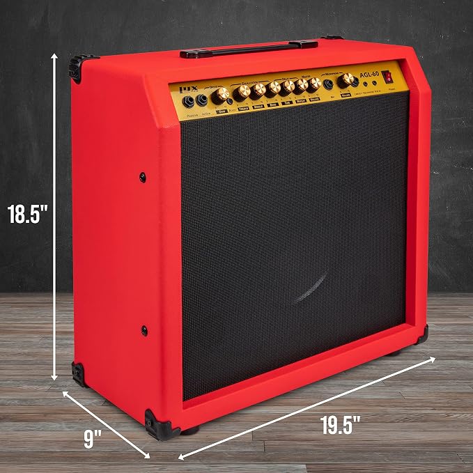 LyxPro 60 Watt Electric Guitar Amplifier | Combo Solid State Studio & Stage Amp with 10” 4-Ohm Speaker, Custom EQ Controls, Drive, Delay, ¼” Passive/Active/Mic Inputs, Aux In & Headphone Jack - Red