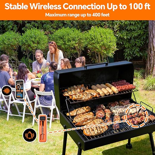 Wireless Meat Thermometer with Stable Bluetooth Connection, ±1°F Accurate 6-Sensor Probe, App-Controlled Digital Food Thermometer, Rechargeable, IP67 Waterproof for BBQ, Grill, Smoker & Oven