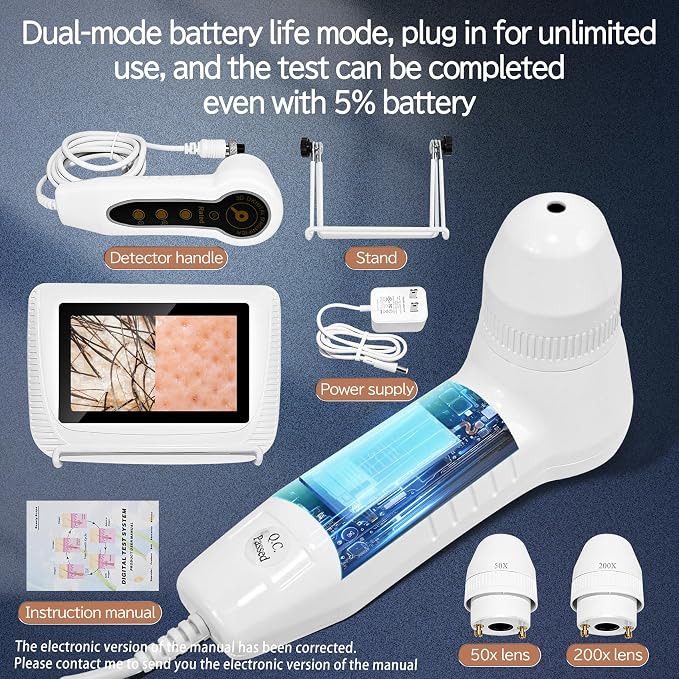 Skin Hair Analyzer, Professional Digital Scalp Analysis Machine with 50x/200x Lenses, Microscope Scanner for Skin Detector, Rechargeable, 5 Inch High-Definition Lcd Display