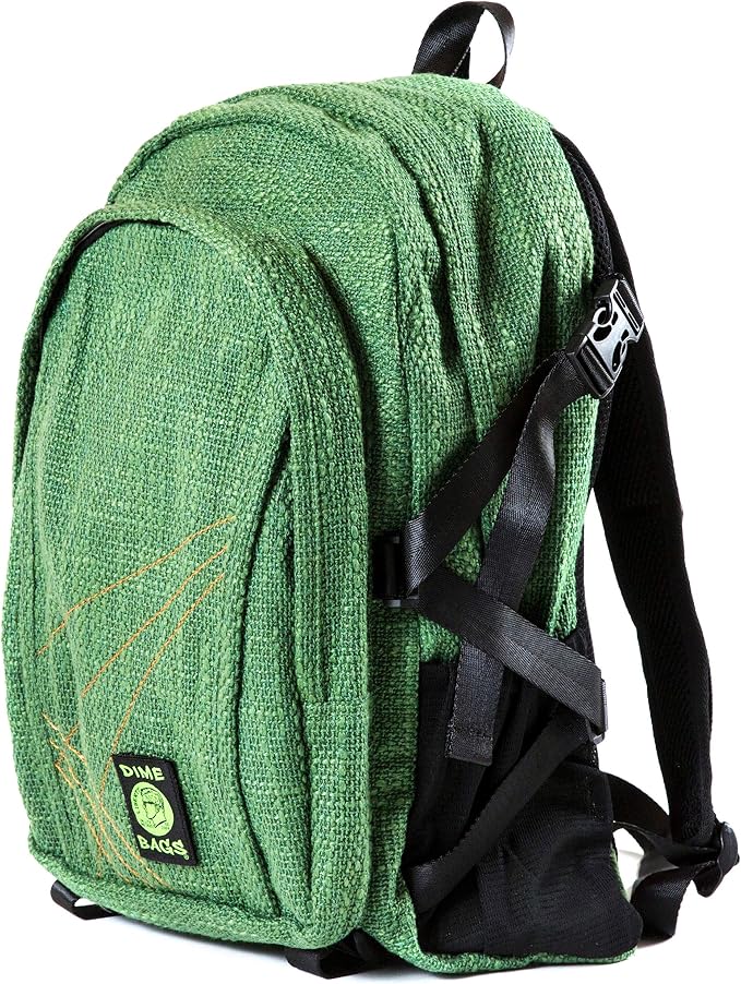 Dime Bags Backpack For Travel & School, Durable Hempster Material, 9 Storage Compartments & 2 Side Bottle Pockets, Fits 17” Laptop, Adjustable Padded Straps, Hidden Internal Pocket (Forest)