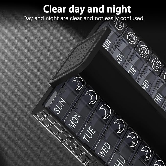 Pill Organizer 7 Day AM PM, Discreet 2 Times a Day Weekly Pill Box with Double Protection Shell, Large Capacity Portable Vitamin Case for Travel Meds & Medicine Organizer (Black)