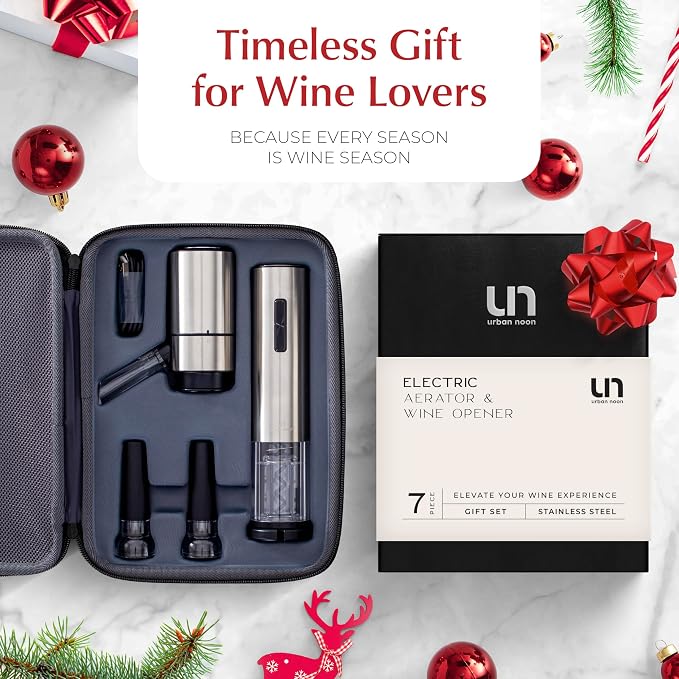 Rechargeable Electric Wine Opener Set with Aerator, Foil Cutter & Vacuum Stoppers – Automatic Wine Bottle Opener Kit with Portable Case – 7 Piece Wine Gift Set (Silver)