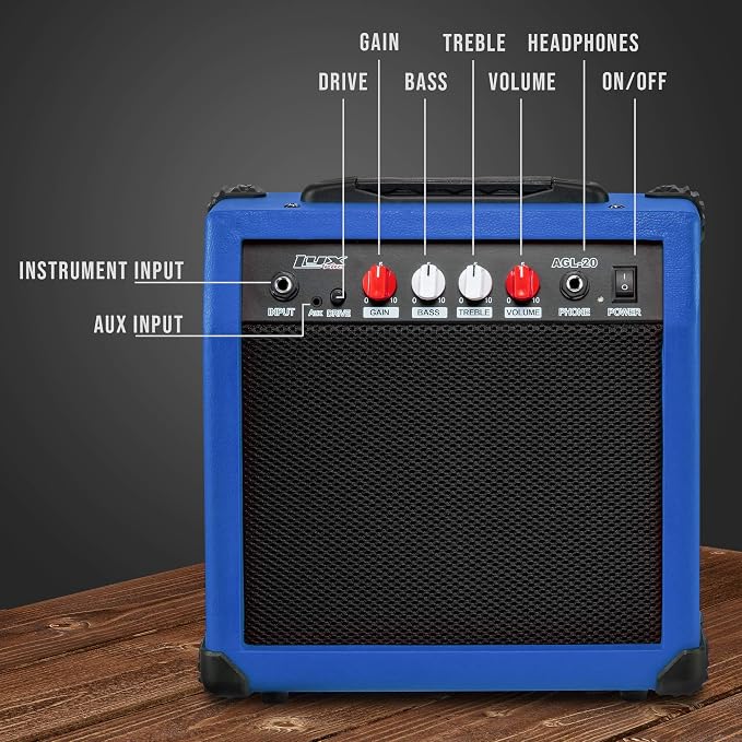 LyxPro Electric Guitar Amp 20 Watt Amplifier Built in Speaker Headphone Jack and Aux Input Includes Gain Bass Treble Volume and Grind - Blue