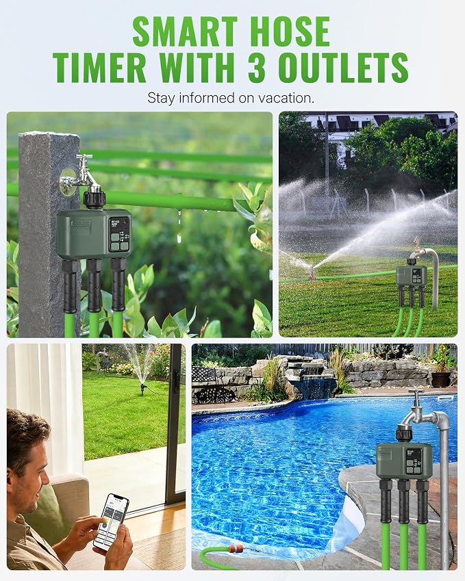WiFi Water Timer for Garden Hose, Sprinkler Timer 3 Zone, 3 Outlet Smart Hose Watering with WiFi Irrigation Controller, Automatic Irrigation System/Rain Delay/Manual Watering D33WT06