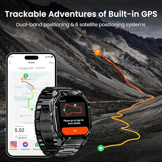 AMAZTIM Smart Watch with GPS - Rugged Outdoor Fitness Watch, 170+ Sports Modes, 5 ATM Waterproof, 1.96" AMOLED, Answer/Make Calls, Android & iOS Compatible (2 Straps)