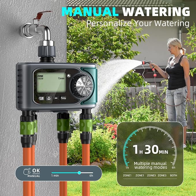 Sprinkler Timer for Outdoor Hose Faucet 4 Zone, Programmable Hose Timer with Rain Delay/Manual/Automatic Watering System, Water Timers for Garden Hose, Digital Drip Irrigation for Yard Lawn Outdoor