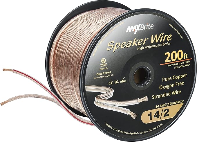 200 ft. Spool High Performance 14 Gauge Speaker Wire, Oxygen Free Pure Copper - UL Listed Class 2