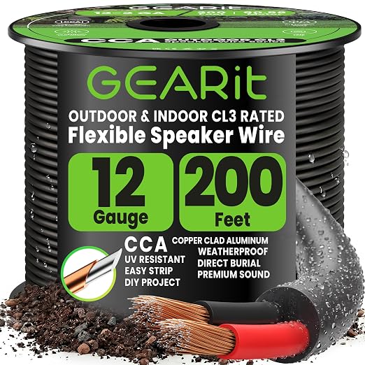 GEARit 12 Gauge Speaker Wire Cable,12 Gauge Wire CL3 Rated 200ft,Audio Cable with Red/Black Color Coded,Outdoor Speaker Wires for Home,Car,Outdoor,Patio,Garden,In-Wall,Backyard,CCA(Black,2-Conductors)