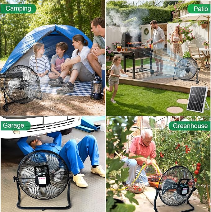 DBF 18" Solar Powered Fan Outdoor - Rechargeable Long Lasting Battery Cordless Floor Fan with 30W Solar Panel & AC Charging, High Velocity Metal Industrial Portable Fans for Outside Home Camping RV