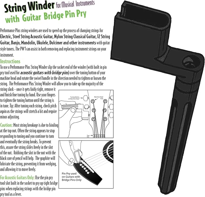 PW25BK Bag of 25 String Winders - Speedy Crank Style for Electric and Acoustic Guitars, Banjos, Ukuleles, etc… Includes Built in Bridge Pin Remover, Black