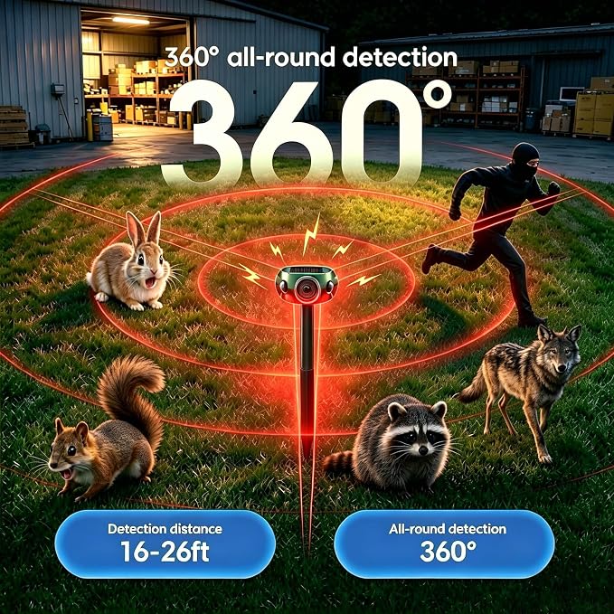 Solar Outdoor Motion Sensor Alarm - 360° Motion Detector Security Alarm, Support Recording, 3*120dB Loud Noise Maker, Dog Barking,14 Sounds and Strobe Light, Remote Controller for Yard Farm Villa (1)