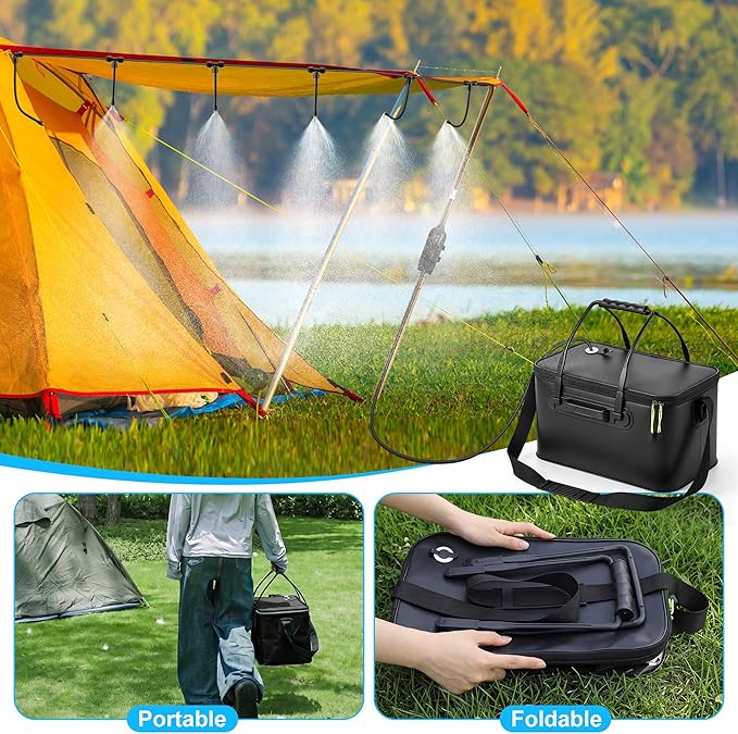 6 Gallon Portable Misting System, 30FT Cooling Misters with Water Mister Pump Foldable Bucket 8 Mist Nozzles for Outdoor Patios, Golf Carts, Greenhouses, Canopy, Camping, Hiking(Black)