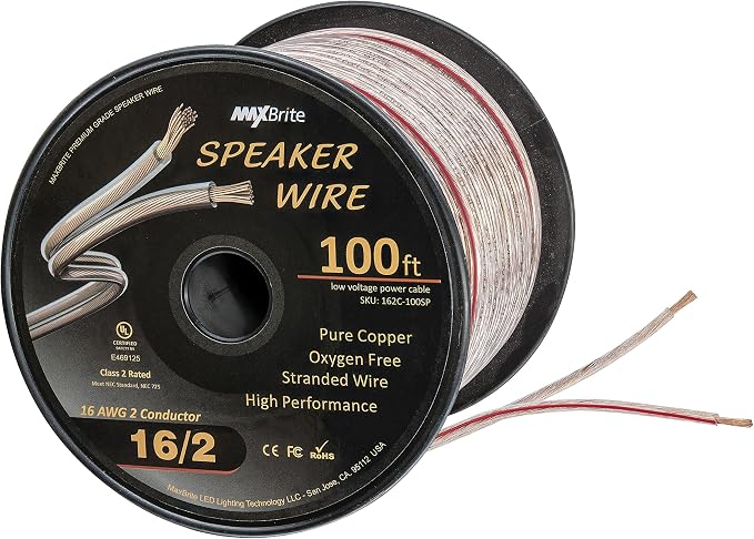 100 ft. Spool High Performance 16 Gauge Speaker Wire, Oxygen Free Pure Copper - UL Listed Class 2