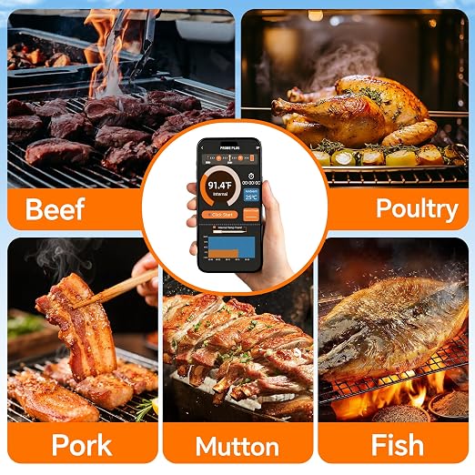 Wireless Meat Thermometer with Stable Bluetooth Connection, 2 Multi-Sensor Probes, ±1°F Accurate Digital Food Thermometer with App Control, Rechargeable, IP67 Waterproof for BBQ, Grill, Smoker & Oven