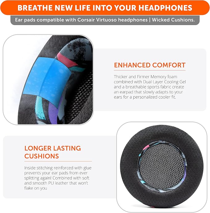 WC Freeze Virtuoso - Hybrid Fabric Cooling Gel Replacement Earpads for Corsair Virtuoso Gaming Headset, Made by Wicked Cushions, Improved Durability, Thickness and Sound Isolation |90's Black