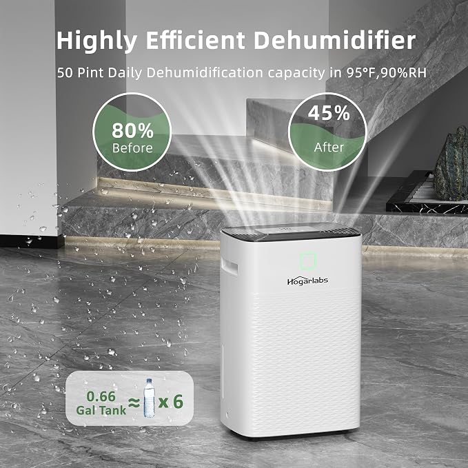 Hogarlabs 50 Pint Dehumidifier for Basement & Whole House, Covers 3500 Sq.Ft, with Drain Hose & Auto Humidity Control, Quiet for Bedroom, Bathroom, Garage, Large Room Dehumidifier