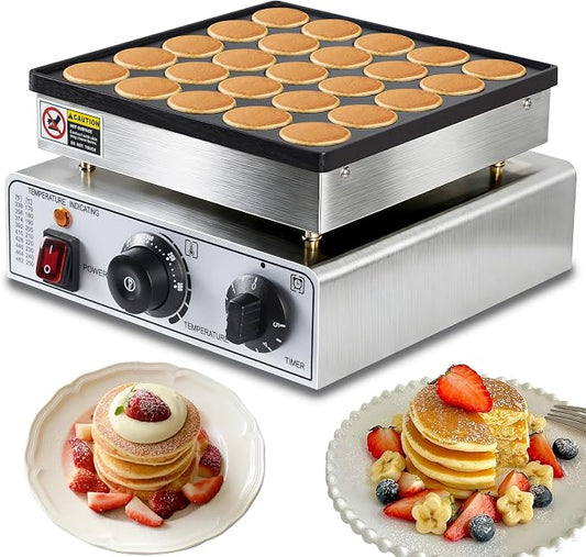 Mini Pancake Maker, 25-Cup Commercial Dutch Pancake Machine, 950W Non-Stick Electric Poffertjes Maker with Temp & Timer for Restaurant, Food Truck, Breakfast Shop