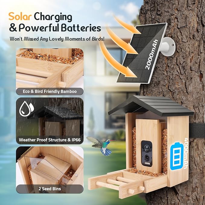 Smart Bird Feeder with Camera, 2.5K HD Camera Bird Feeder, AI Identify, Solar & Battery Powered, Auto Capture & Notify in Time, Bamboo Wooden, Ideal Gift for Family(1.55L)