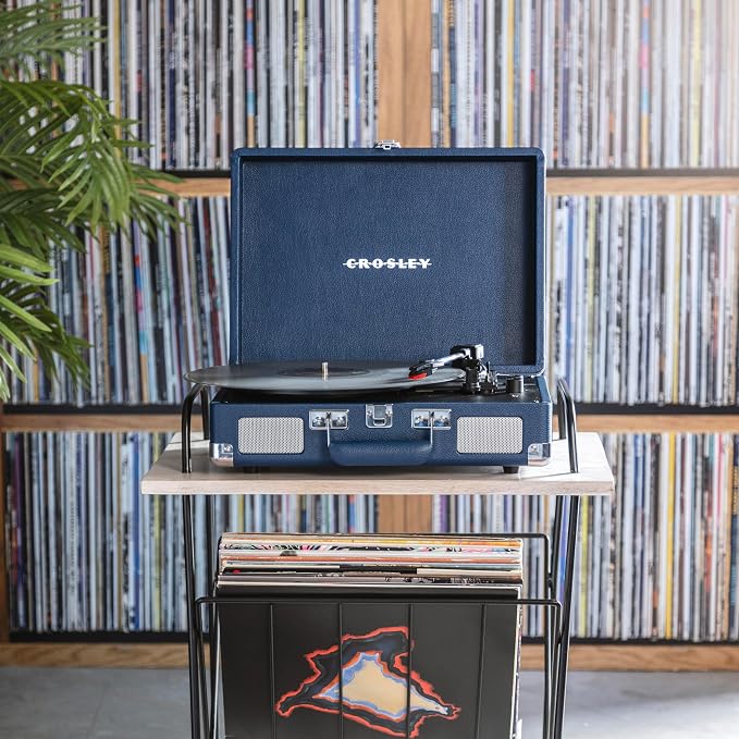 Crosley CR8005F-IB Cruiser Plus Vintage 3-Speed Bluetooth in/Out Suitcase Vinyl Record Player Turntable with Built-in Speakers, Ink Blue