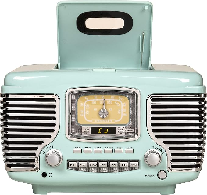 Crosley CR612B-AB Corsair Tabletop AM/FM Bluetooth Radio with CD Player and Dual Alarm Clock, Aqua Blue