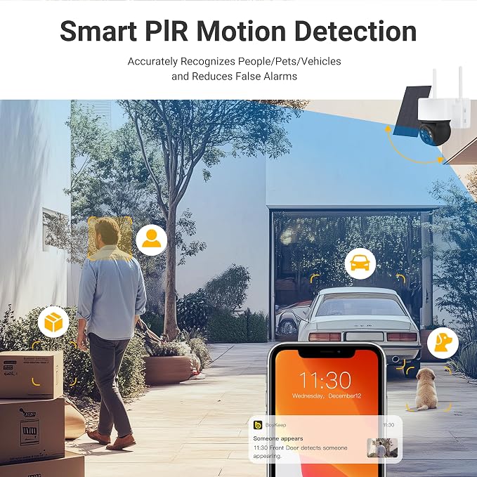 Solar Cameras for Home Security, Security Cameras Wireless Outdoor, 360° Pan & Tilt View, Battery-Powered Outdoor Camera with PIR Motion Detection, Two-Way Audio, Night Vision, Compatible with Alexa