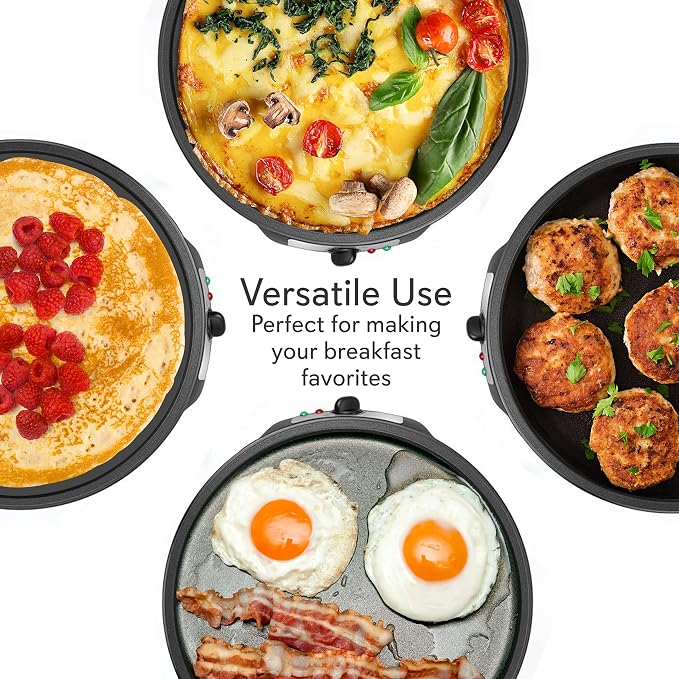 NutriChef Crepe Maker - Cooks Bacon, Roti, Tortillas & Omelets - Easy to Clean Detachable Cooktop - 12 inch Cook Area with Adjustable Temperature - Includes Wooden Spatula & Batter Spreader