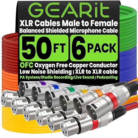 GEARit XLR Cables 50ft 6 Pack, XLR Male to Female Microphone Cable, Balanced Shielded 3-Pin Mic Cord, 6 Colors Assorted Heavy Duty Copper Conductors for Studio Recording, Podcasting, Stage Live Sound