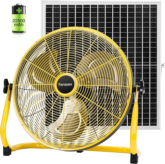 Fanspex 18" Solar Rechargeable Floor Fan for Outdoor, 22500 mAh Battery Operated Fan with 35W Solar Panel Powered for Patio Gazebo Camping, 360° Tilt (19.1 ft/s Airflow)