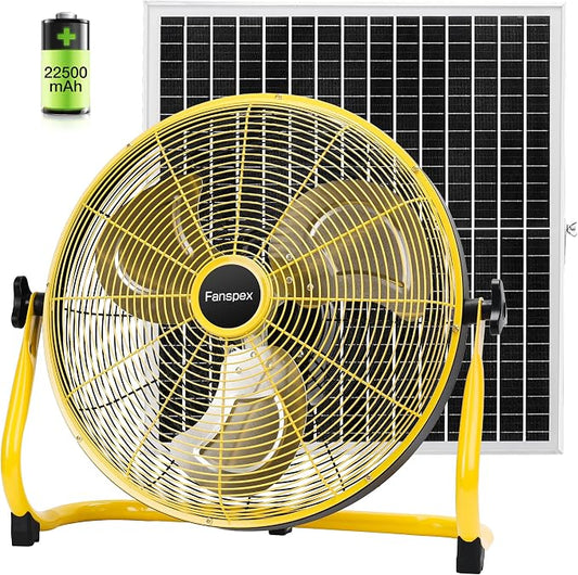 Fanspex 18" Solar Rechargeable Floor Fan for Outdoor, 22500 mAh Battery Operated Fan with 35W Solar Panel Powered for Patio Gazebo Camping, 360° Tilt (19.1 ft/s Airflow)