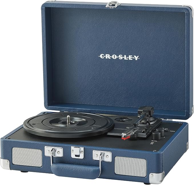 Crosley CR8005F-IB Cruiser Plus Vintage 3-Speed Bluetooth in/Out Suitcase Vinyl Record Player Turntable with Built-in Speakers, Ink Blue