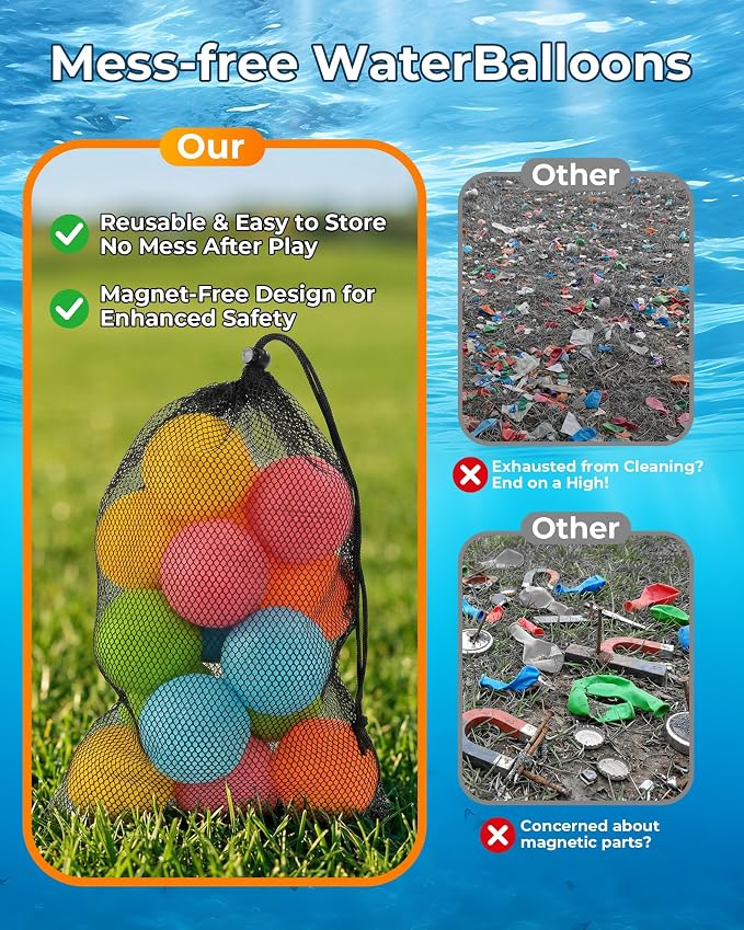 15Pcs Reusable Water Balloons for Kids & Family Outdoor Play – Quick Fill, Soft Silicone, Easy to Collect, No Magnets, Perfect for Yard, Pool Beach Games, Summer Water Toys