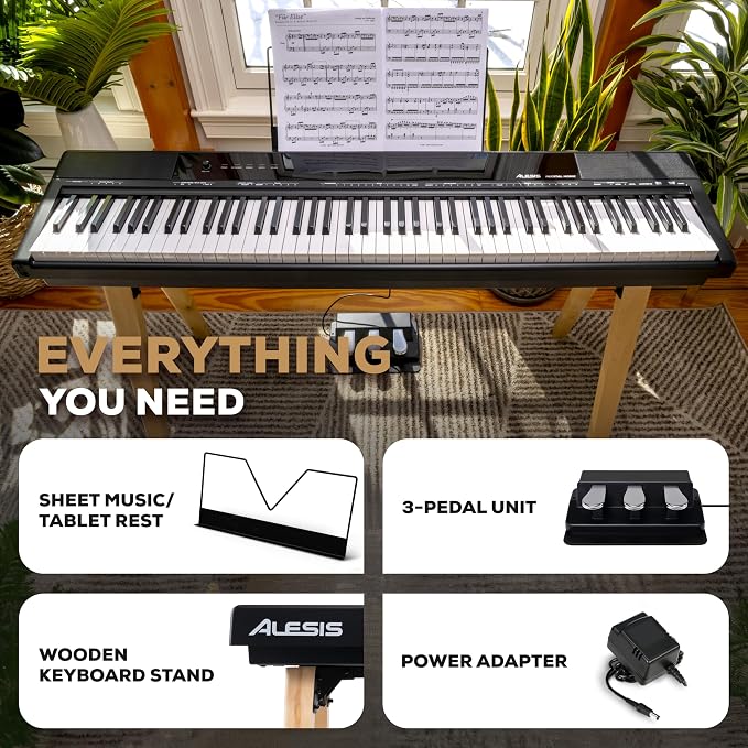 Alesis Recital Home Digital Piano with 88 Hammer Action Weighted Keys, Stand, Pedals and Lessons, Black