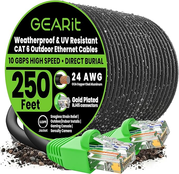 GEARit Cat6 Ethernet Cable 250ft, Outdoor Direct Burial Cat 6 Cable 24AWG High Speed Up to 10Gbps, LLDPE (PE) UV-Resistant Waterproof Jacket, CCA RJ45 Network Internet Cable for Router- Black