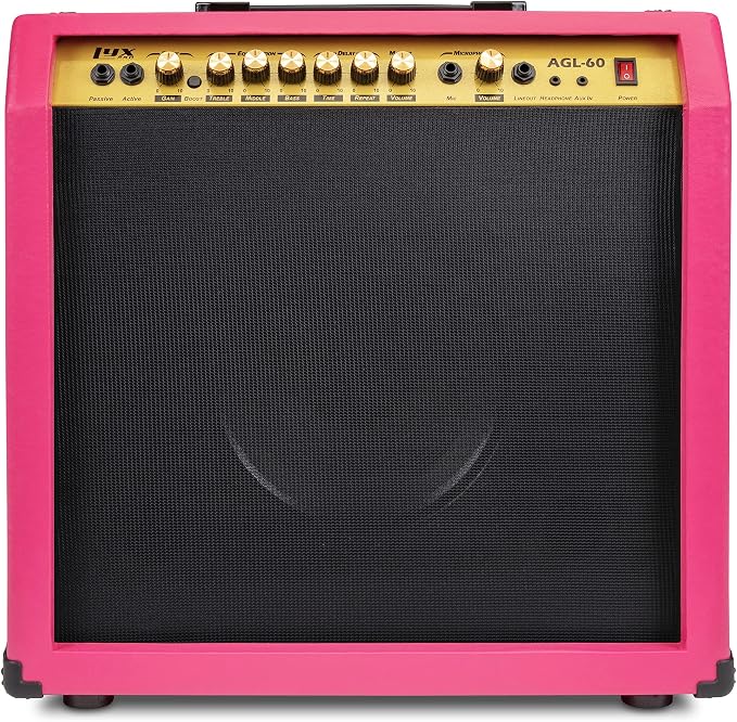 LyxPro 60 Watt Electric Guitar Amplifier | Combo Solid State Studio & Stage Amp with 10” 4-Ohm Speaker, Custom EQ Controls, Drive, Delay, ¼” Passive/Active/Mic Inputs, Aux In & Headphone Jack - Pink