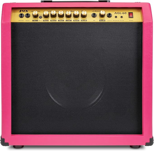 LyxPro 60 Watt Electric Guitar Amplifier | Combo Solid State Studio & Stage Amp with 10” 4-Ohm Speaker, Custom EQ Controls, Drive, Delay, ¼” Passive/Active/Mic Inputs, Aux In & Headphone Jack - Pink