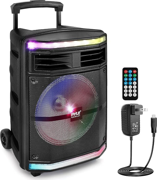 Pyle Portable Bluetooth Speakers with 10 Inch Subwoofer, Wireless Speaker with FM Radio, Karaoke System & Rechargeable Battery, Flashing Party Lights, MP3/USB/Micro SD Readers for Indoor Outdoor Use