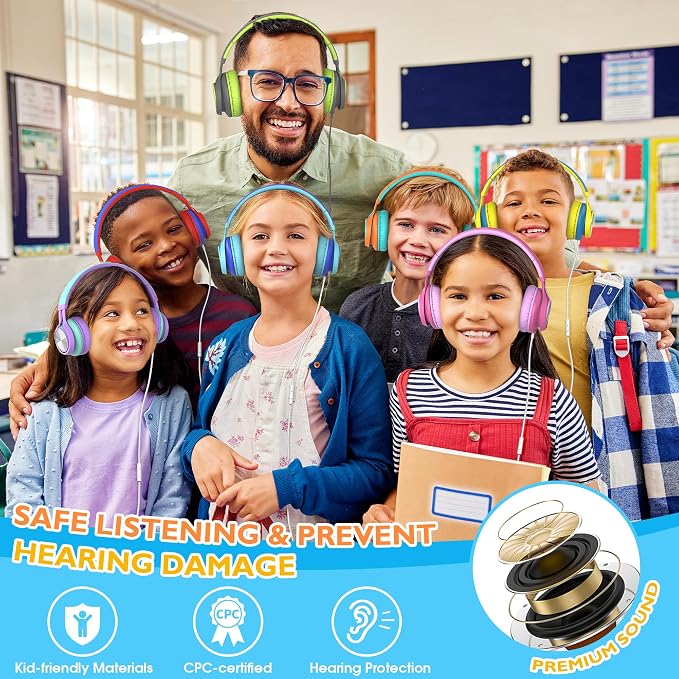AILIHEN Classroom Headphones Bulk 10 Pack with Microphone - C8 On-Ear Wired Kids Headphones for School with 3.5mm Jack for Library Home Online Learning (Multicolor)