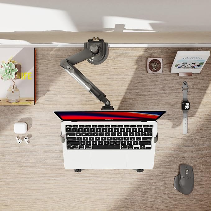 NB ERGONOMIC Laptop Mount with Adjustable Tray for 10-17” Notebook, Full Motion Arm with VESA Plate for 17-30” Monitor (Within 4.4~19.8lbs),Clamp-on Grommet Mounting H100-FP