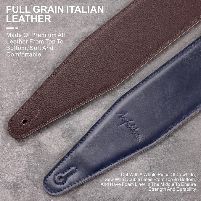 Nefelibata 3" Wide Guitar Strap, Full Grain Italian Leather Adjustable Guitar Straps with Foam Padding for Bass, Electric, and Acoustic Guitars