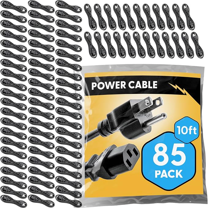 UL Approved 10ft Universal Power Cord (85 Pack) - IEC C13 to NEMA 5-15P Computer Monitor Cable for IT Departments, Data Centers & Bulk Purchasing - 18AWG 10A 125V