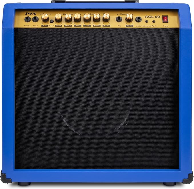 LyxPro 60 Watt Electric Guitar Amplifier | Combo Solid State Studio & Stage Amp with 10” 4-Ohm Speaker, Custom EQ Controls, Drive, Delay, ¼” Passive/Active/Mic Inputs, Aux in & Headphone Jack - Blue