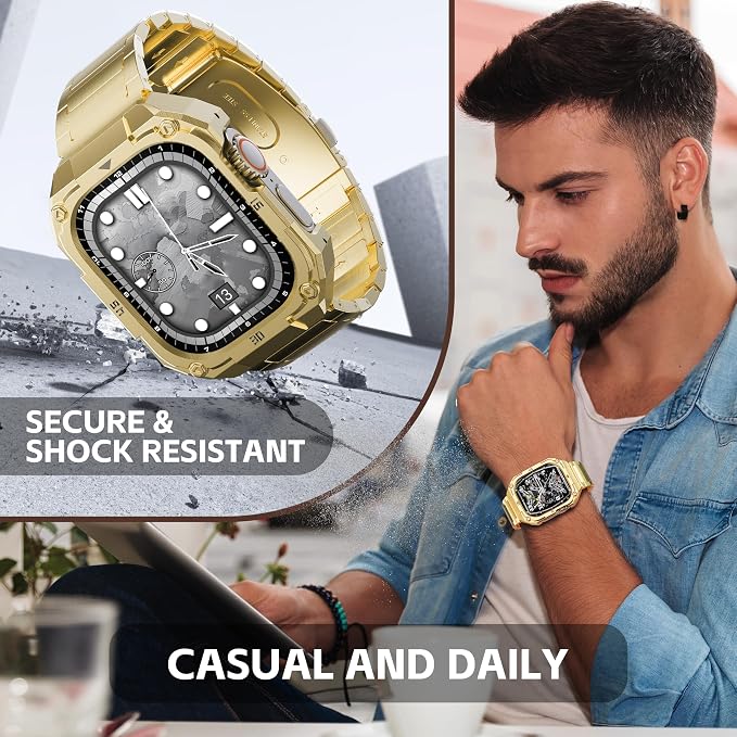 Stainless Steel Case with Band Compatiable for Apple Watch Band 44mm -Rugged Metal iWatch Bumper Cover and Strap for Men iWatch Bands Series 6 5 4,Gold