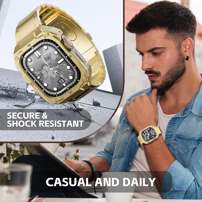 Stainless Steel Case and Band Compatible for Apple Watch Ultra 2 Band/Apple Watch Band 49mm 45mm 44mm 42mm,Fomal Metal iWatch Ultra/Ultra 2 Case with Strap for Men Series 9 8 7 6 5 4 SE (Gold, 45mm (Series 9 8 7）)