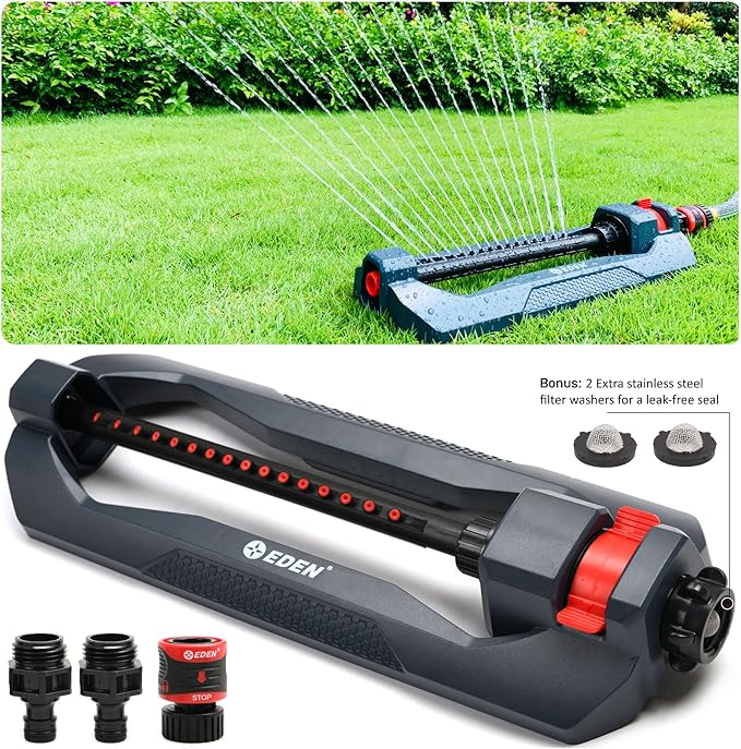 Eden 96213EDAMZ Weighted Essential Oscillating Sprinkler | Covers Up to 3,600 sq. ft., 16 Precision Nozzles, Adjustable Range, Turbo Drive Motor, Quick Connect Bundle, Stainless Steel Filters, Black