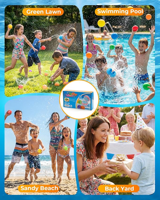 20Pcs Reusable Water Balloons for Kids & Family Outdoor Play – Quick Fill, Soft Silicone, Easy to Collect, No Magnets, Perfect for Yard, Pool Beach Games, Summer Water Toys