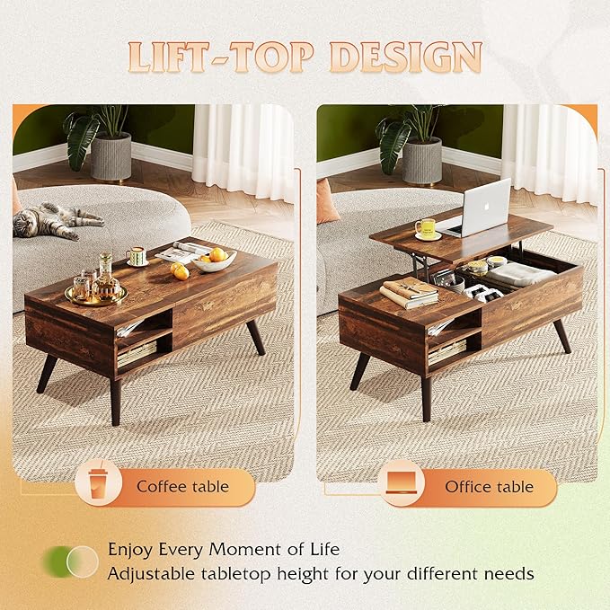 WLIVE Lift Top Coffee Table +Automatic Trash Can for Living Room, Small Coffee Table with Storage, Adjustable Shelf and Storage Compartment, Motion Sensor Trash Can for Living Room