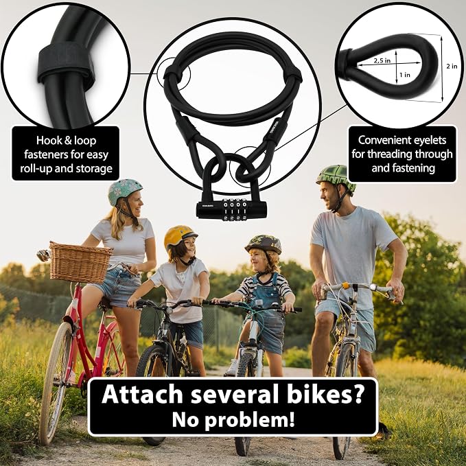 KOHLBURG Cable Lock 6.5ft / 2 Meter Long with Code – 79” / 200cm Combination Lock – Steel Cable Lock with Hook & Loop Straps – Steel Cable with Number Padlock for Bicycle, Garden Furniture & Bike Lock