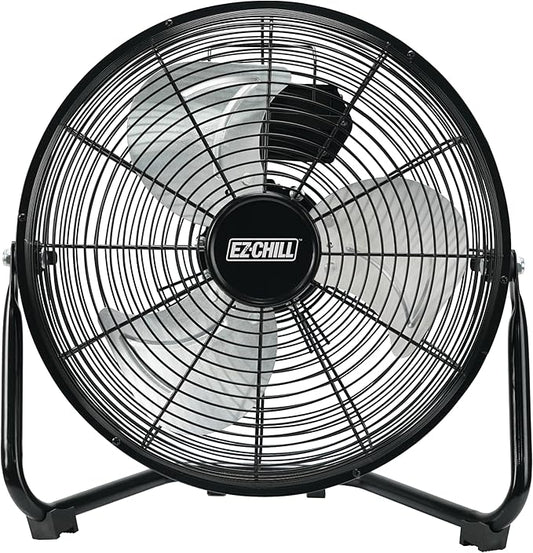 EZ-CHILL 12” Cradle Floor Fan, 3 Speed, High Velocity, 180 Degree Adjustable Tilt, All-Metal, Carry Handle, Rubber Feet, Airflow 15.42 ft/sec, Ideal for Home, Bedroom & Office, Black