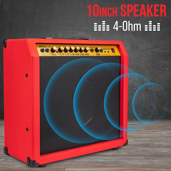 LyxPro 60 Watt Electric Guitar Amplifier | Combo Solid State Studio & Stage Amp with 10” 4-Ohm Speaker, Custom EQ Controls, Drive, Delay, ¼” Passive/Active/Mic Inputs, Aux In & Headphone Jack - Red