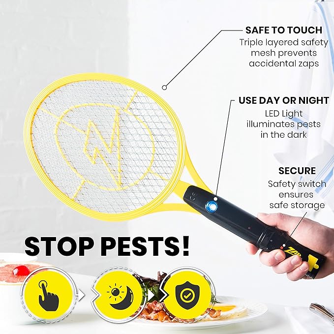 ZAP iT! Electric Fly Swatter Racket & Mosquito Zapper with Blue Light Attractant - High Duty 4,000 Volt Electric Bug Zapper Racket - Fly Killer USB Rechargeable Fly Zapper Indoor Safe - 2 Pack, Yellow
